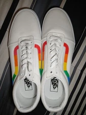 New Vans US Men 11.5 White Sneakers with Rainbow Stripe Design