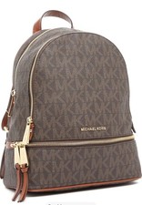 Michael Kors Brown MK Monogram Zip Backpack Gold Hardware Women Casual
