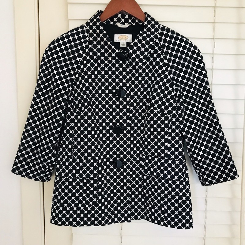 Talbots Black White Jacket Women’s Sz 2P Vintage Button Front 3/4 Sleeve Stretch