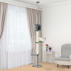 PawHut Plancher à plafond arbre de chat avec Condo Craquage post, gris clair