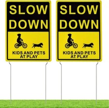 Kichwit Slow Down Kids and Pets at Play Yard Signs with Metal Stakes, Yellow