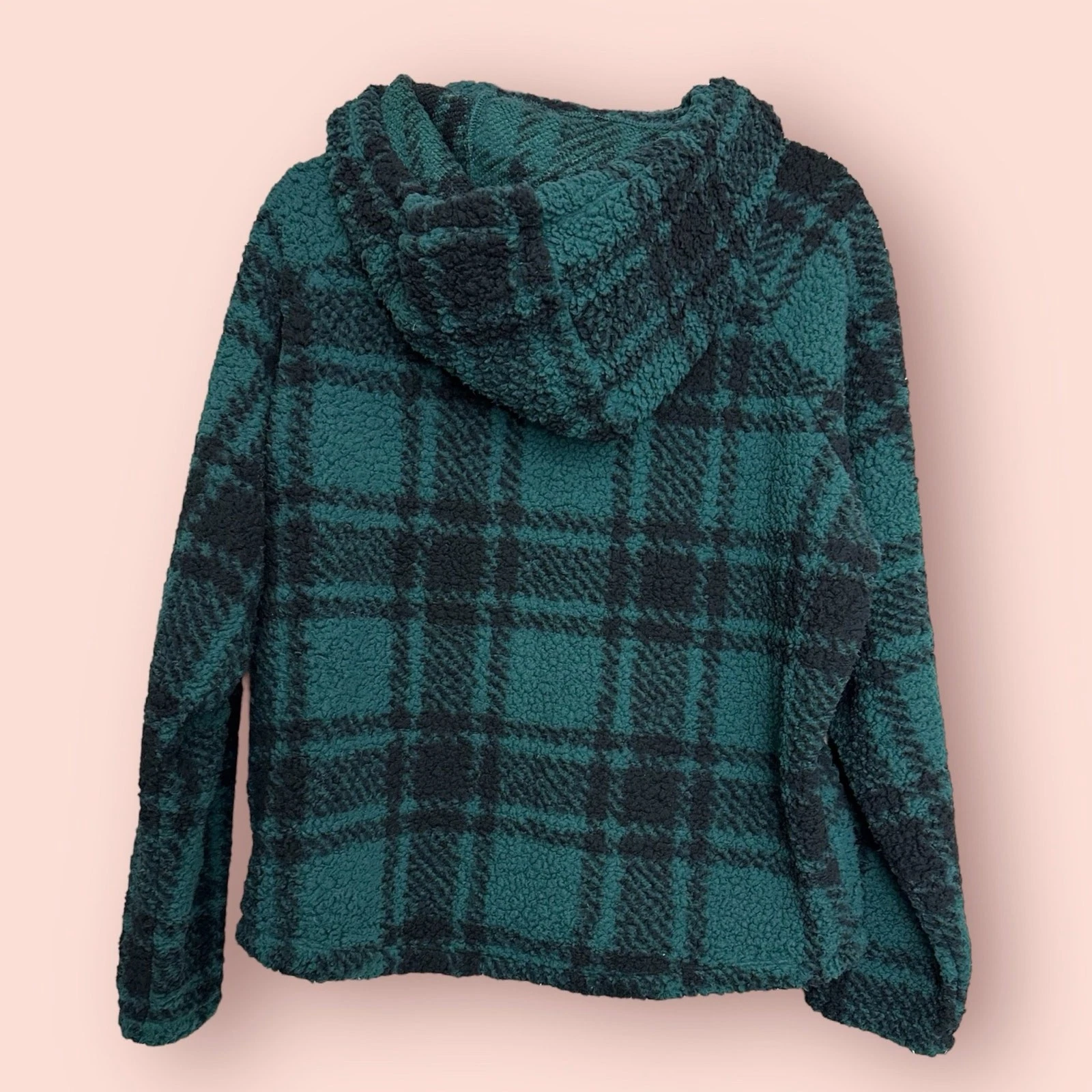 UNDERCOVER Victoria's Secret ROSA Pile Sherpa Pullover Plaid Felpa con Cappuccio Giacca Verde XS