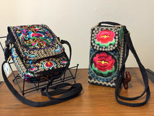 2 Mexican Canvas Embroidered Adj CROSSBODY PURSES-1 Has Detachable Strap - NEW