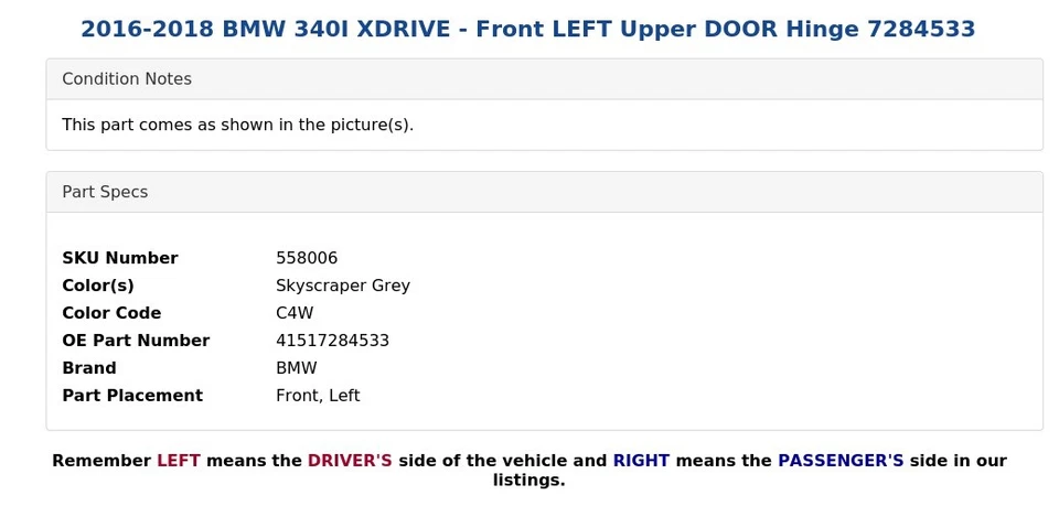 BMW 340I XDRIVE 2016-2018 - bisagra puerta superior delantera izquierda 7284533 Foto 4 de 4