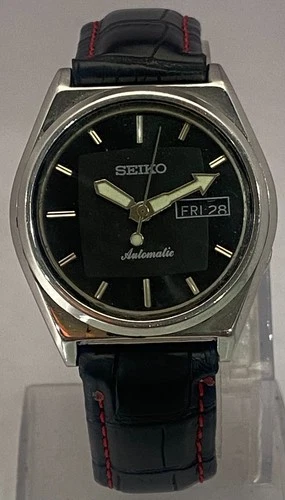 Vintage Casual Seiko5 Black Dial Watch 7009 with "D/D" Leather Strap Automatic