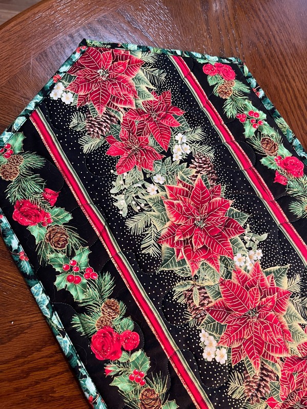 Handcrafted -Quilted Table Runner NEW 2026-Christmas-Poinsettias, Pinecones/Gold