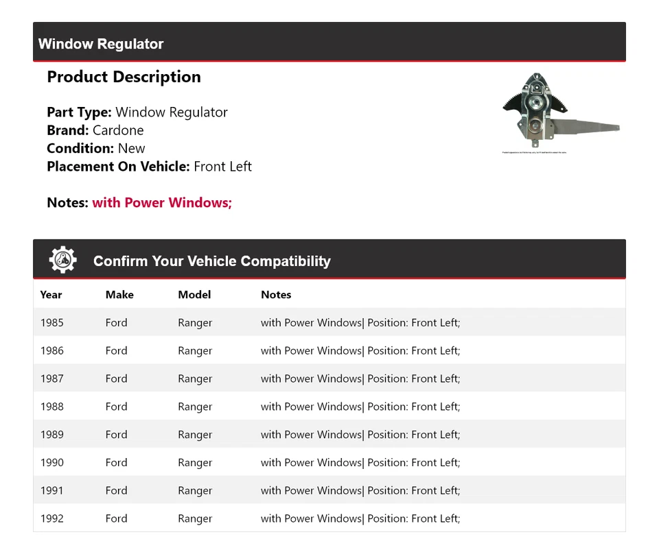 Regulador de janela dianteiro esquerdo Cardone 1986 1987 1988 Ford Ranger 1985-1992 - Imagem 2 de 4