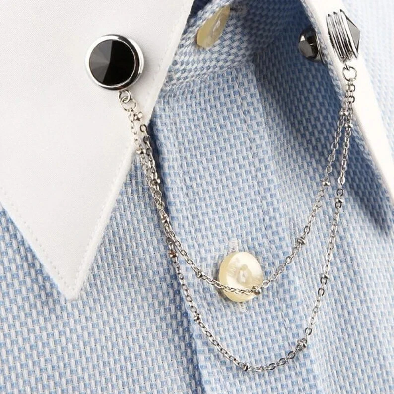 935 Argentium Plata Redonda Negro Ónix Blanco Cadena Camisa Cuello Clip Para Hombre Foto 2 de 4