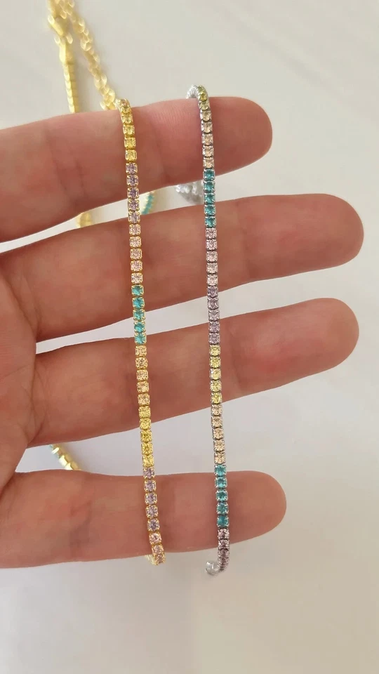 10Ct Lab Created Rainbow Color Sapphire 18" Luxury Tennis Necklace 14K Gold Over - Image 3 of 4