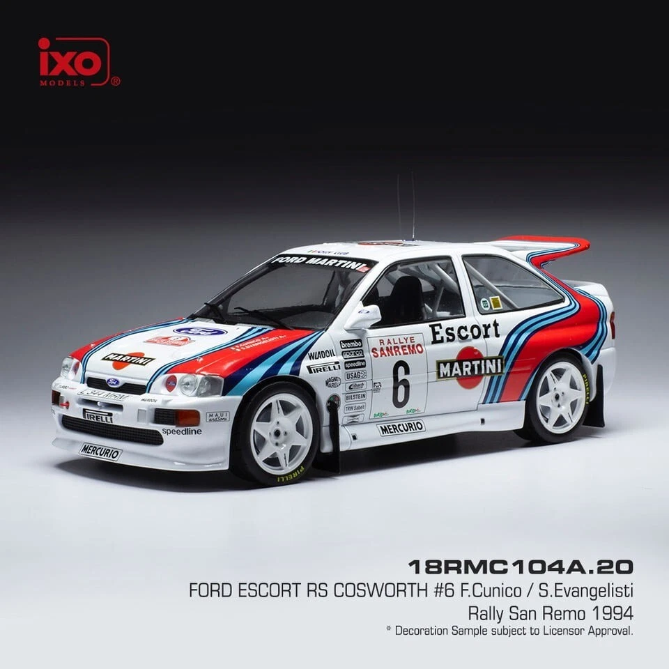 Modelo Ford Escort RS Cosworth coche fundido a presión San Remo Rally 1994 IXO 18RMC104A 1:18 Foto 2 de 4