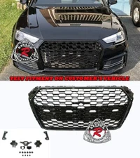 Fits 17-19 Audi A4 S4 B9 RS4-Style Badgeless Honeycomb Front Grille Gloss Black