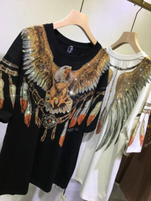 New Men Women Luxury Eagle Rhinestones Fashion Black White T-Shirt High Quality