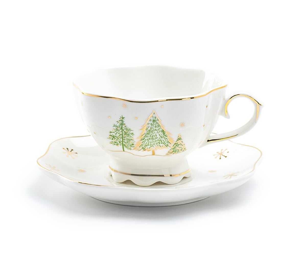 Grace Teaware Christmas Pine Trees Fine Porcelain Gold Trim Tea Cup and Saucer