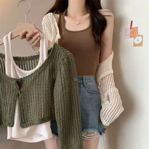 Women Korean Fashion Long Sleeve Hollow Knitted Smock Cropped Sunscreen Card G❤D - Afbeelding 1 van 15