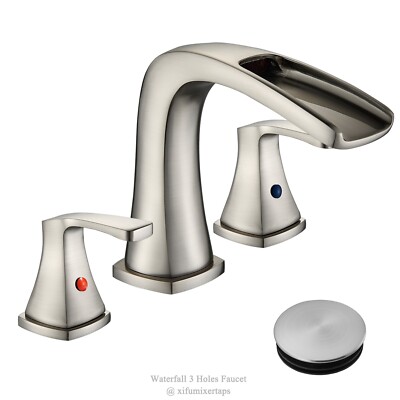 8  Widespread Waterfall Bathroom Sink Faucet 3 hole Vanity Mixer Brushed Nickel