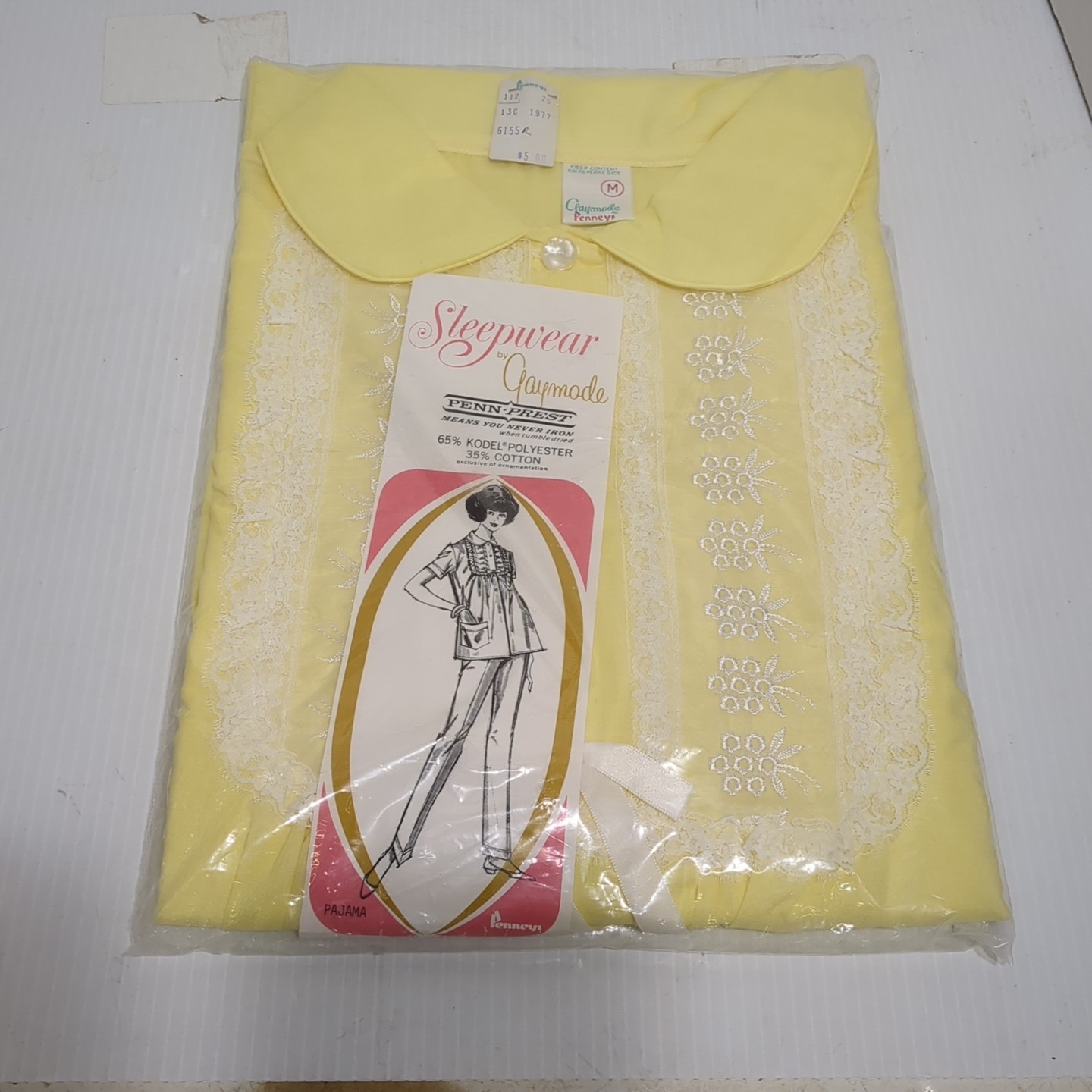 Vtg Gaymode Pajamas Set Yellow Lace Trim Penn Pre Kodel Polyester NOS M Penneys