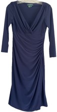 Lauren Ralph Lauren Size 4 Navy Blue Faux Wrap Midi Dress Ruched Stretch Elegant