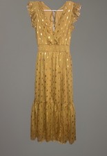 Lulus Cause To Celebrate Yellow And Gold Dot Tiered Ruffle Midi Dress Slit Sz XS