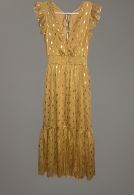 Lulus Cause To Celebrate Yellow And Gold Dot Tiered Ruffle Midi Dress Slit Sz XS