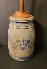 Antique Primitive SALTGLAZE QUART Stoneware BUTTER CHURN Blue Decoration Dasher 