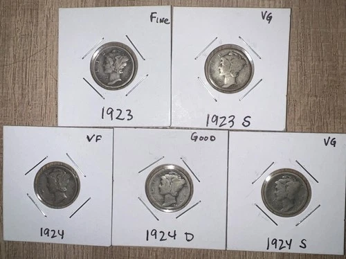 5 BARBER Silver Dimes - 1923/1923 s 1924+ 1924d And 1924s Look Now