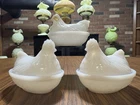Lot Of 3 Vintage White Milk Glass Hen on Nest Covered Dish Hazel Atlas READ