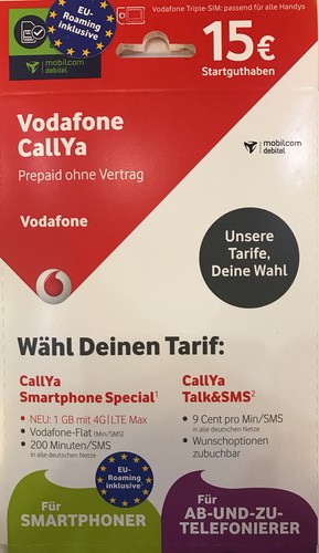 Vodafone CallYa Sim-Karte Prepaid Tarif Talk und SMS inkl. 15 EUR Startguthaben