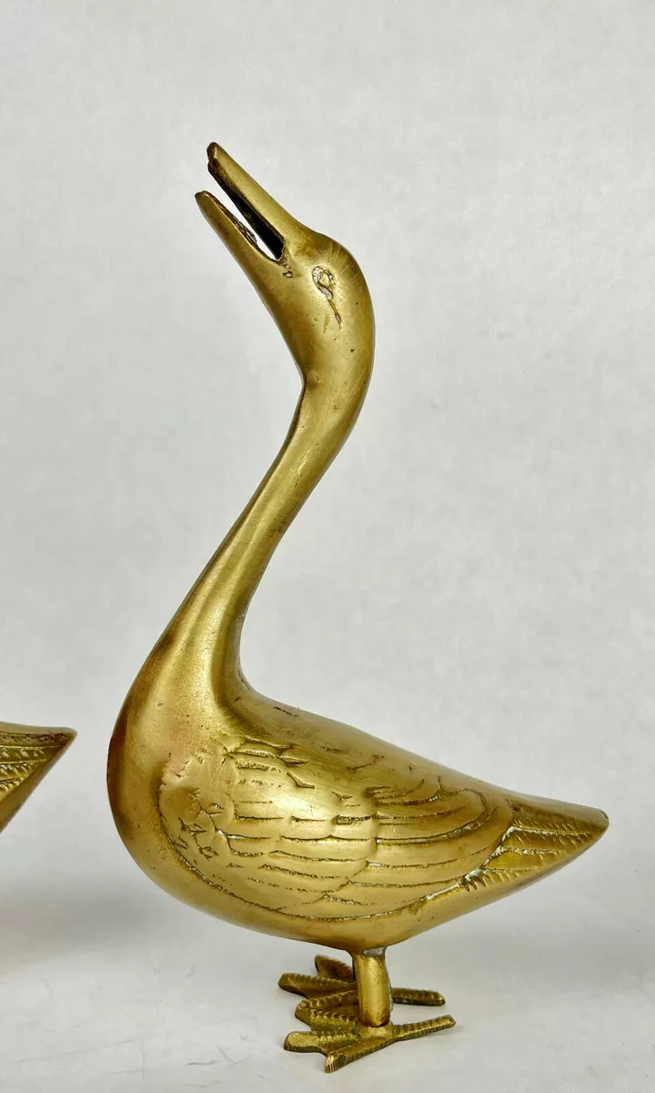 Vintage 2 Solid Brass Geese Pair Duck Figurines MCM Brass Goose