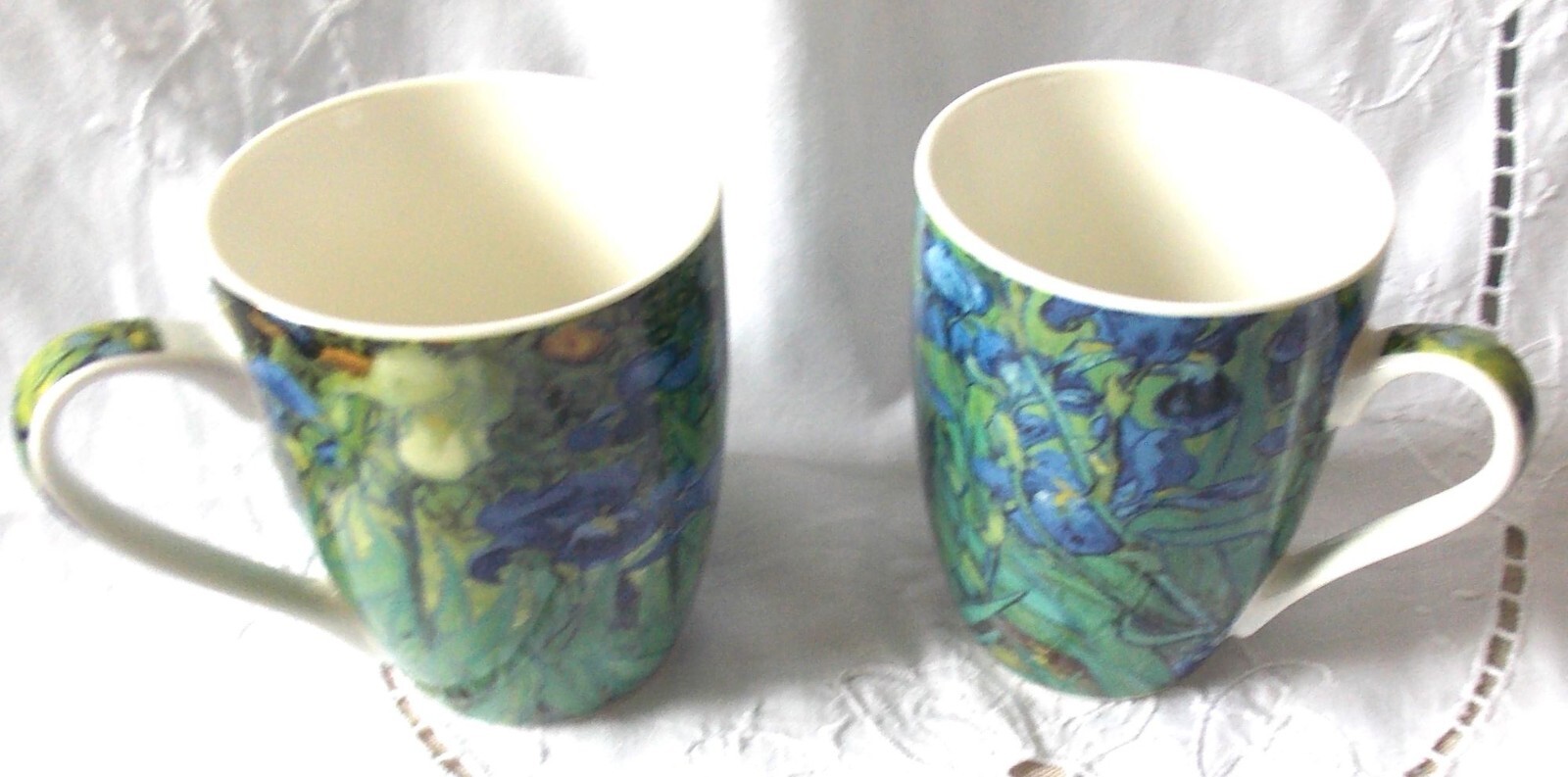 Tasses à thé céramique Iris et Feuillages, service de table floral pour infusion, lot de 2