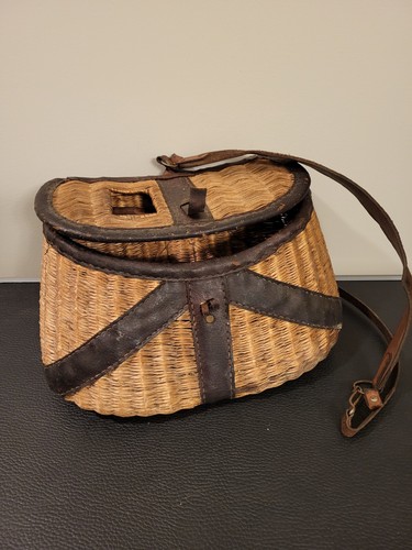 Vintage Antik ANGELGATTER GEFLECHT & LEDER Canvas Schulterriemen