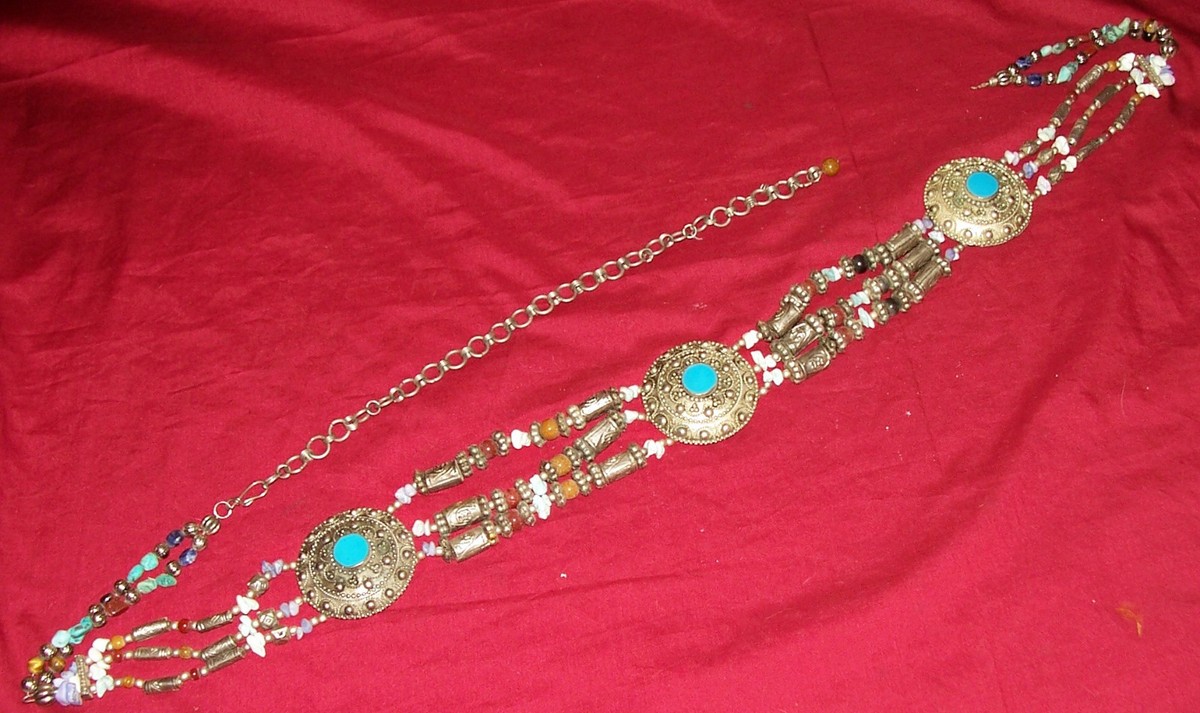 Old Hippy Belt Concho Bead Trinket Gypsy Indian Women’s Vintage Western Mod Belt, A Vintage, Concho, Blue Gem Turquoise, Old Pawn, circa  main image 4