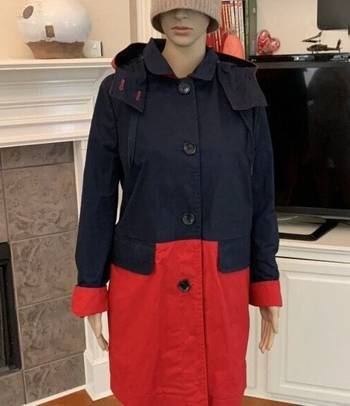 Trench con cappuccio nuovo con etichette Coach blu navy rosso blocco donna taglia M $550