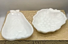 Vintage Hazel Atlas Milk Glass Candy Dishes Pear & Grapes, Set of 2
