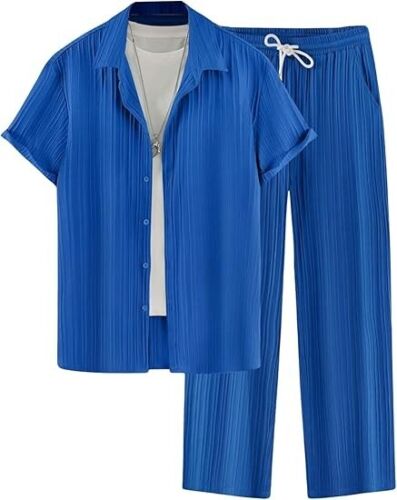 COOFANDY Men's 2 Piece Outfit Short Sleeve Button Down Shirt Loose Pants Set