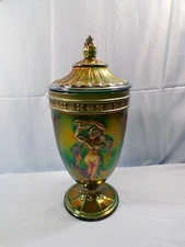 Fenton Green Carnival Glass Dancing Ladies Covered Candy Dish