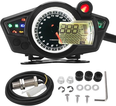 LCD Digital Universal Motorcycle Odometer Speedometer Tachometer KM/H MPH Gauge