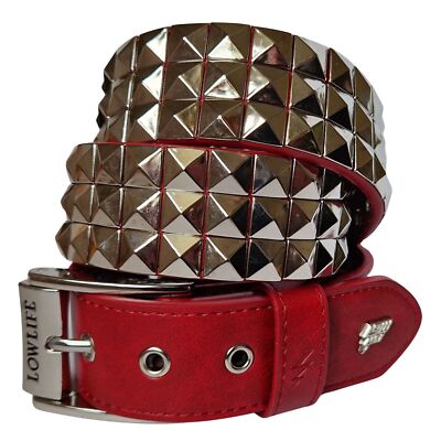Ledergürtel mit drei Nieten rot und silber - Lowlife