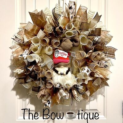 Handmade Coffee Lovers Gnome Wreath 22 inches Ribbon #W3
