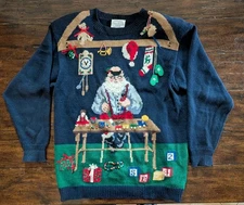 VTG Susan Bristol Ugly Christmas Sweater S Santa’s Workshop Hand Embroidered 3D
