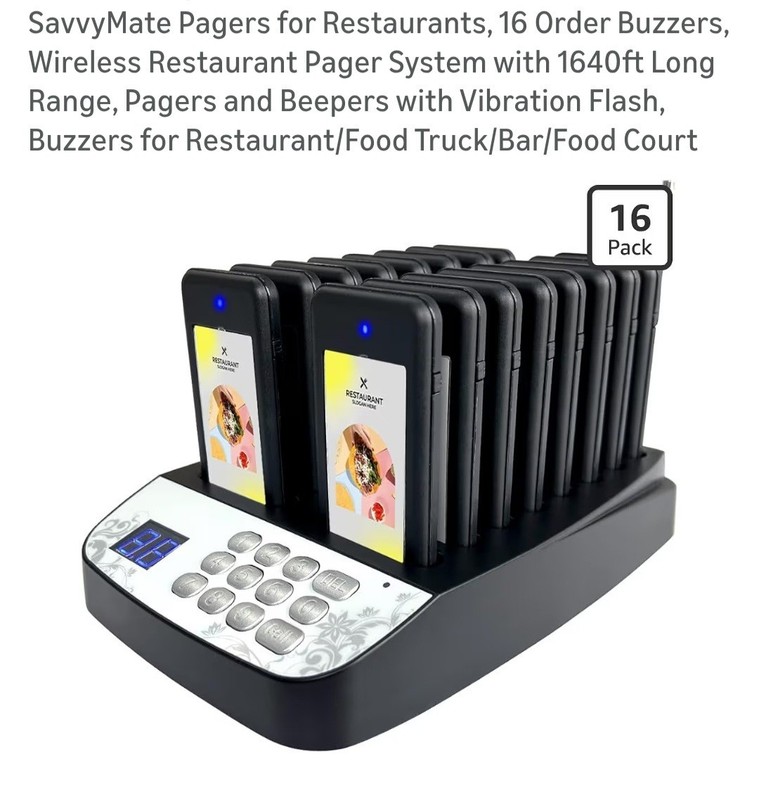 SavvyMate 16-Pack Restaurant Pager System 1640ft Range Vibration/Flash Black