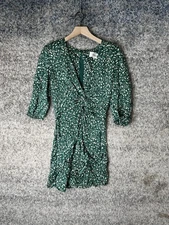 ba&sh Ezerik Dress Womens XS Green Abstract Print Ruched V-Neck 3/4 Sleeve Mini