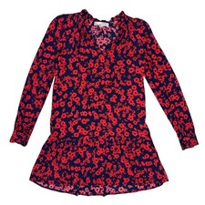 LOFT Dress XS Navy Blue Red Floral Print Long Sleeve Ruffle Mini Cottagecore