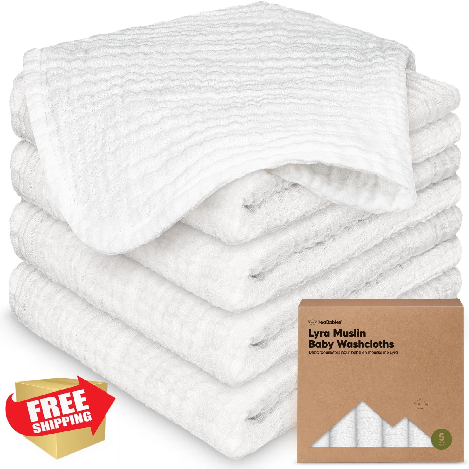 5pk Organic Cotton Muslin Baby Washcloths, 12x12", Soft White