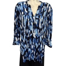 Abstract Print Button Up Tunic Top Blouse Blue Black White READ DESCRIPTION