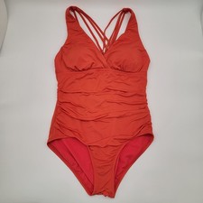 Jantzen One Piece Swimsuit Orange Red Ruching Criss Cross Strappy Back Sz 10