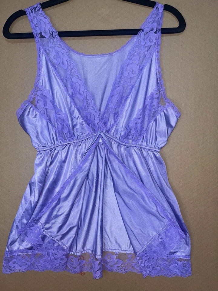 Vintage Anos 90 Chic Lingerie Co Lilás Nylon Renda Babydoll Lingerie Tamanho Grande - Imagem 2 de 4
