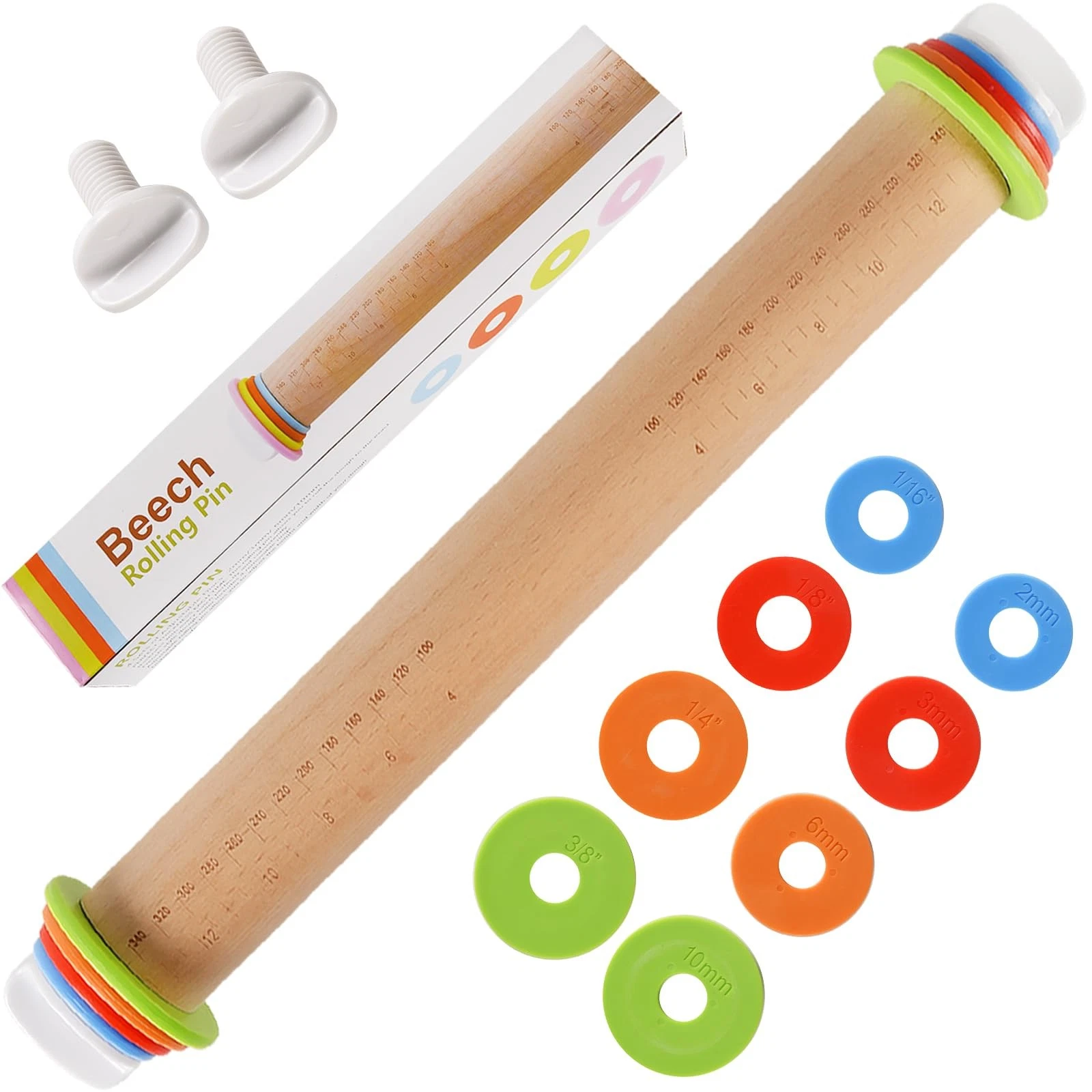 Wood Rolling Pin With 4 Adjustable Thickness Rings, Non-stick Dough Roller Fo...