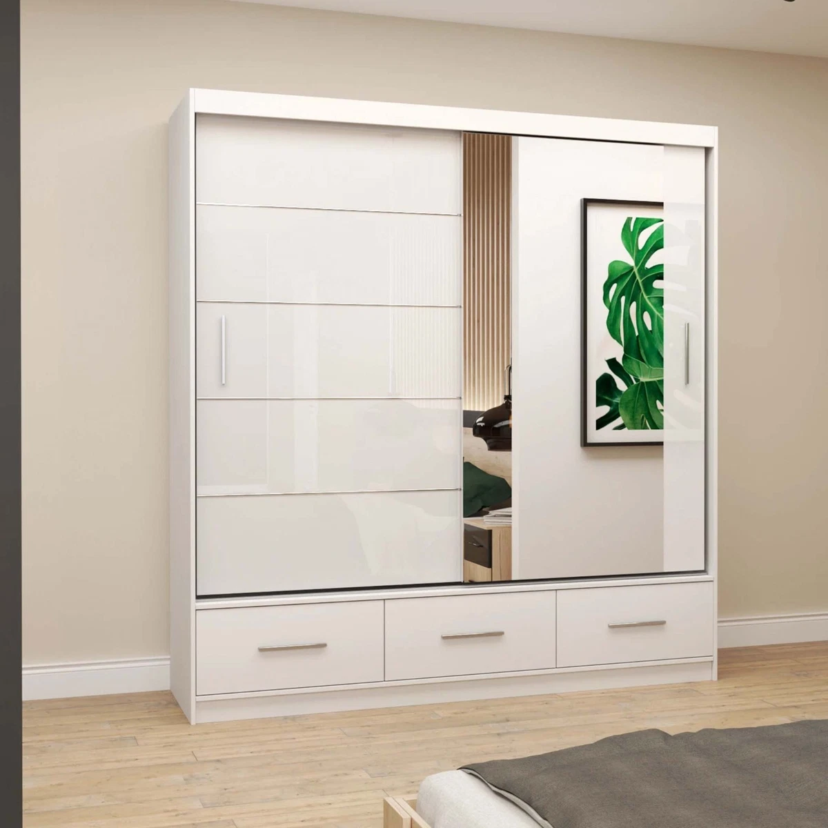 ABIKSMEBLE Lanko 1 Armoire 3 Portes Coulissantes 235,2x160x45 Cm - Moderne Blanc/Noir Avec Barre Et Étagères