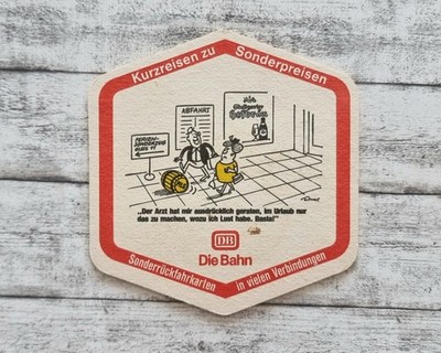 Doctor holiday short trips train DB Stuttgarter Hofbräu beer mat hexagonal advertising