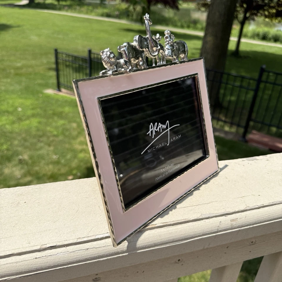 Michael Aram Frame Pink Enamel Metal Elephant Lion Zoo Animals Girl Nursery 5x7” - Image 4 of 4